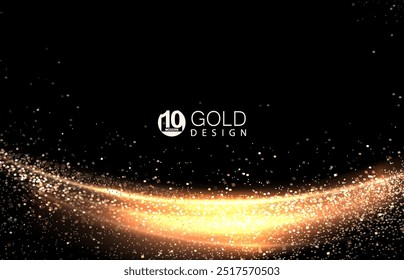 Black background with isolated bright shiny gold design with small tinsel.