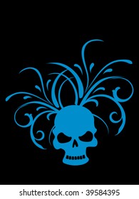 black background with isolated skull on floral