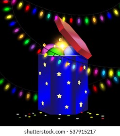 black background and the large blue red gift box with decorative balls, the colored light garland