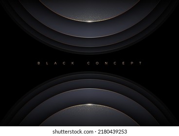 Black background with layered 3d abstract shape. Minimal luxury template design with golden halftone. Vector illustration,
