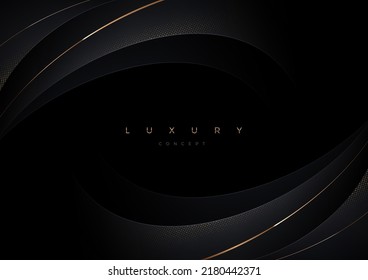 Black background with layered 3d abstract curve shape. Minimal luxury template design with gold. Vector illustration,