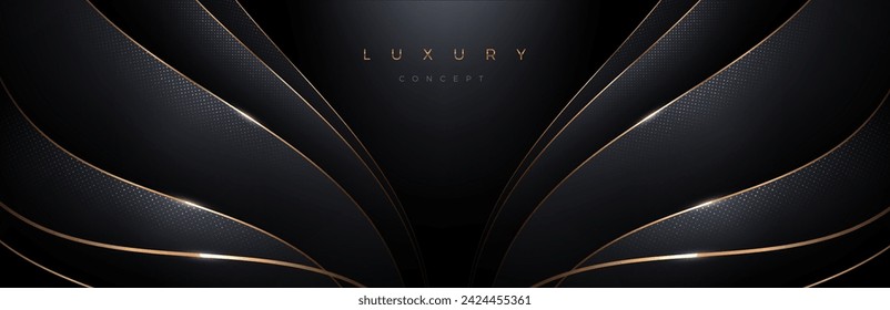 Black background with layered 3d abstract curve shape. Minimal luxury template design with gold. Vector illustration,