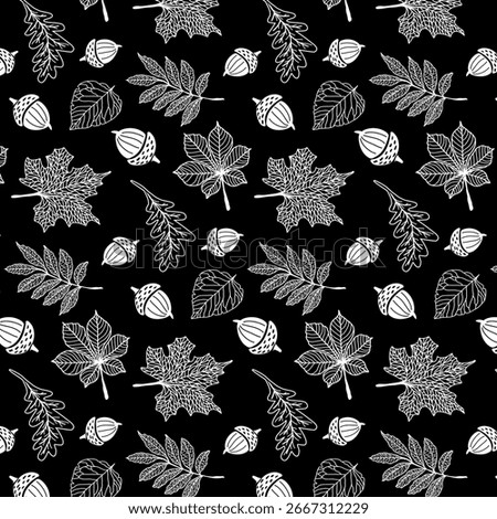 Black background with leaves and acorns.Vector seamless pattern of stylized white leaves and acorns on a black background.