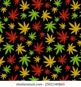 Black background with leaves.Vector seamless pattern with bright multi-colored leaves on a black background.