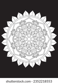black background, line art mandala pattern. adult coloring page 
