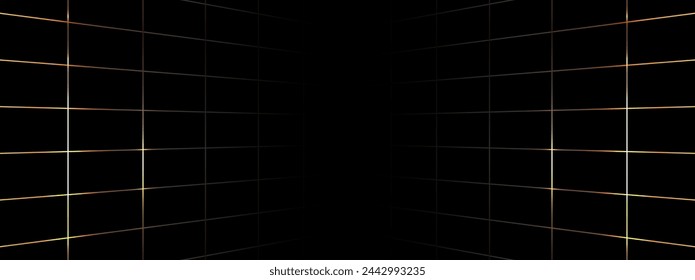 Black background with line grid gold glowing left and right. Horizontal design for background, backdrop. Vector illustration.