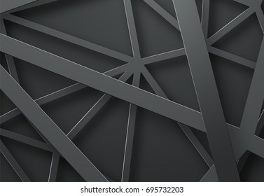 Black background with black lines in the air at different heights. Abstract metal cobweb with shadow. Conceptual technical vector illustration.