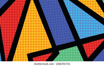 Black Background Lines With Red Blue Yellow Primary Colored Shapes Decoration. Geometric Vector Wallpaper For Presentation Cover Template