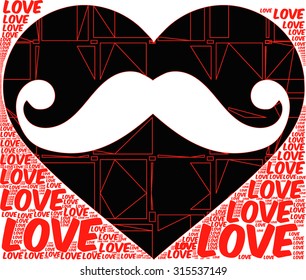 Black background Love heart with red Love words around the heart together and mustache man design vector print pattern. fashion and graphic design, valentines day and Special gift offer, t shirt print