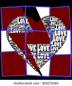 black background love heart with love words together and cherry color danger, warning sign together and spread broken background with picture frame. fashion and graphic design pop art t shirt print