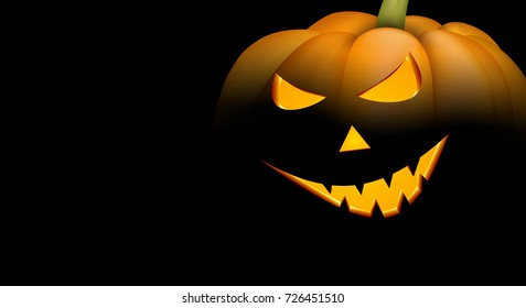 Black background with luminous 3d halloween pumpkin face. Vector illustration.
