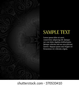 Black background. Luxury black design template with black texture and golden foil text. Black wedding invitation. Black menu design. Black template background design modern. Vector illustration.