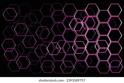 Fondo negro con rejilla hexagonal de color magenta. Fondo hexagonal brillante