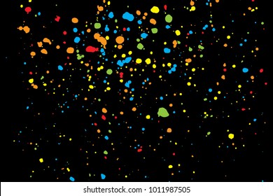Black background with many falling tiny round random confetti, glitter and serpentine pieces blow and sprayed on dark background. Isolated.