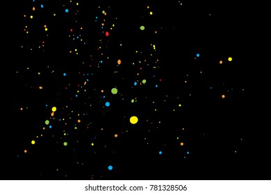 Black background with many falling tiny round random confetti, glitter and serpentine pieces blow and sprayed on dark background. Isolated.