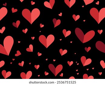 A black background with many red hearts scattered throughout. The hearts are all different sizes and are placed in various positions. Concept of love and warmth