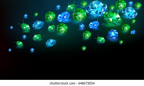 Black background with many scattered blue gems sapphires and green emeralds. Vector illustration.