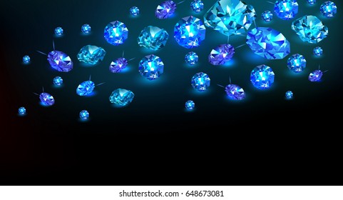 Black background with many scattered blue gems sapphires. Vector illustration.