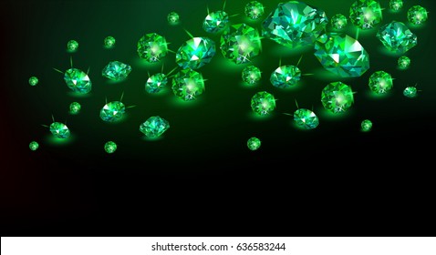 Black Background With Many Scattered Green Gems Emeralds. Vector Illustration.