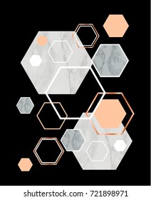 Black background with marble  rose gold hexagons. Geometric print for your card, template, business, brochure. Trendy poster for textile, fabric, web, wallpaper, poster, home design, office design