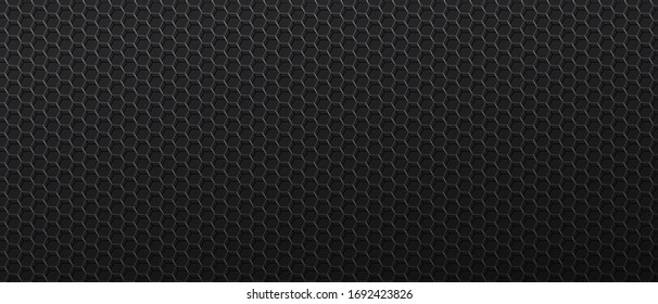 Black background with metal mesh with hexagonal cells. Decorative dark backdrop with metallic polygonal grid or net. Minimal banner with abstract pattern. Modern monochrome vector illustration. - Powered by Shutterstock - Get 15% off with code: PIKWIZARD15