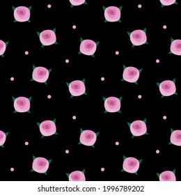 Black background with modern roses and pink polka dots for textiles and fabrics for dresses