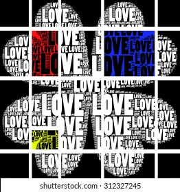 Black background with mondrian painting together and different sizes Love words create four leaf lucky clover illustration with red, blue, yellow cubic block print together vector print pattern. 