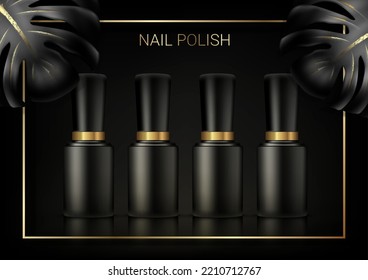 Black background with black monstera leaves and golden color. Banner for a nail salon advertising nail polish in a black bottle. 3D realistic Vector.