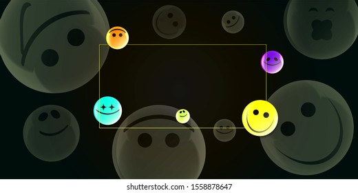 Black background with multicolor smiles. A fun vector basis for banners, cards, etc. Illustrated frame for text or photo.