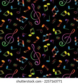 Black background with multi-colored musical signs.Vector pattern with multi-colored musical signs on a black background.