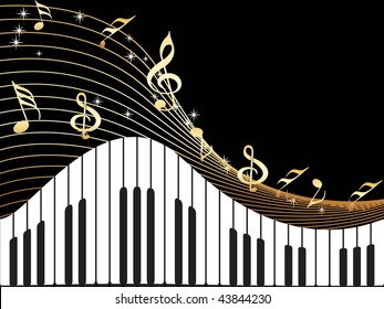 black background with musical instrument and notes illustration