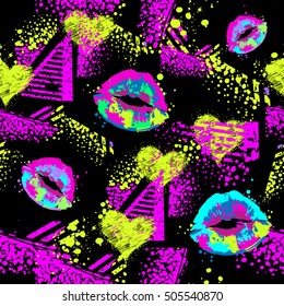 black background with neon shape grunge hearts, kiss lips track, triangles. Valentines day backdrop. Abstract seamless girlish pattern. Repeated colorful backdrop. Fashion Love wallpaper.