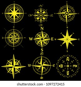 Black background with nine yellow windrose silhouettes
