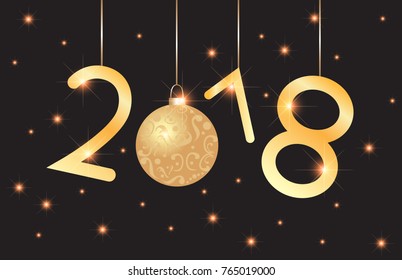 Black background with number 2018. Shiny Christmas ball. Gold numerals for the New Year