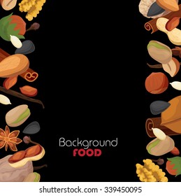 Black background with nuts and spices