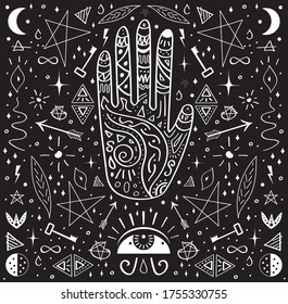 Black background occult pattern with mystical chalk signs, alchemy tattoo. Wizard or witch hand, pentagram, lightnings, spiritual keys and all-seeing eye. Black and white ink esoteric drawing texture.