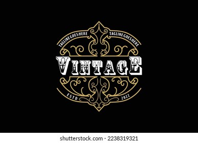 Black Background with Old Royal Border Frame Badge Emblem Label Logo Design Vector