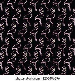 Black background on hand draw pink flamingo pattern vector