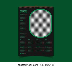 Black Background one page wall calendar Design 2021. Twelve Months New Year Corporate Business Planning Theme. Red and Green Color. Rounded Shape. Simple Abstract Vector Artwork. Print Template