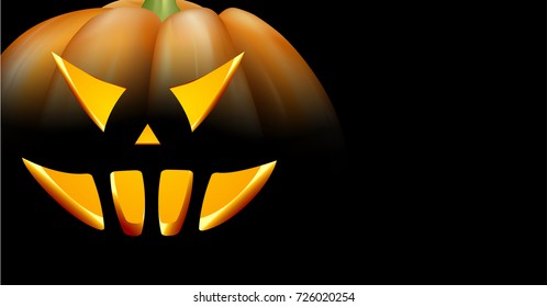 Black background with orange halloween pumpkin face pattern. Vector illustration.