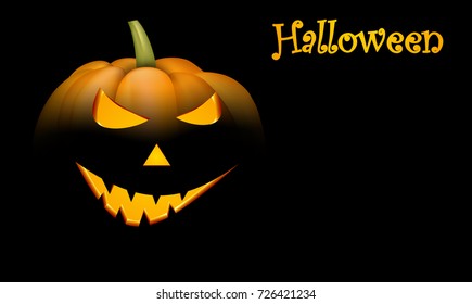 Black background with orange halloween pumpkin face pattern. Vector illustration.