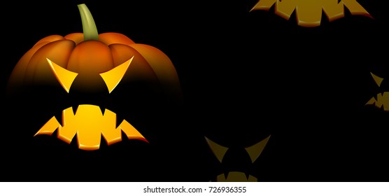 Black background with orange halloween pumpkin face pattern. Vector illustration.