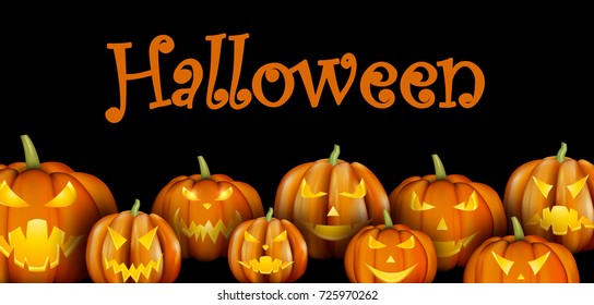 Black background with orange luminous halloween pumpkins. Vector illustration.