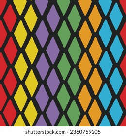 A black background with orange, red, blue, purple, green and yellow diamonds placed to create stripes of color for this vector seamless repeat pattern design.