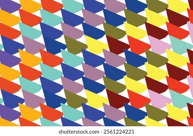 A black background with orange, red, blue, purple, green and yellow diamonds placed to create stripes of color