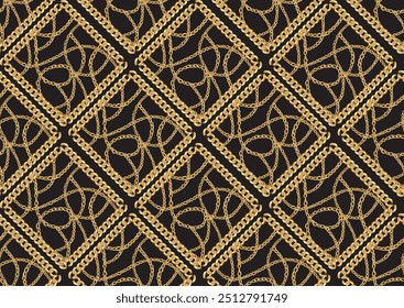 Black background with an ornate gold chain pattern arranged in diamond shapes. The design features intertwined chains within each diamond, creating a luxurious and stylish look, ideal for fabrics