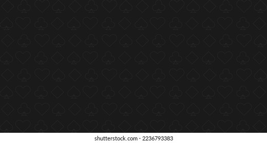 Black background with outlined card suits in grey. Spades, hearts, diamonds, clubs. Background for gambling, casino advertising, blackjack. vector illustration.