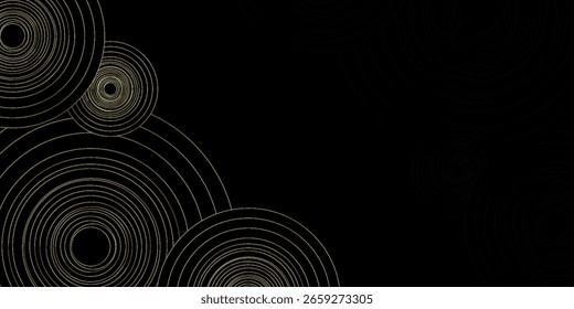 Fondo negro con círculos dorados superpuestos. Lujoso y moderno fondo. Ilustración vectorial. Eps 2