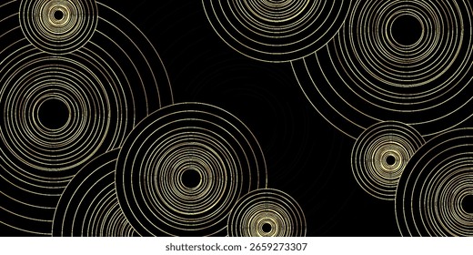 Fondo negro con círculos dorados superpuestos. Lujoso y moderno fondo. Ilustración vectorial. Eps 1