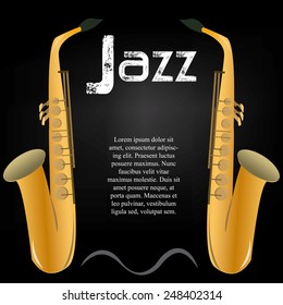 a black background with a pair of saxophones and text